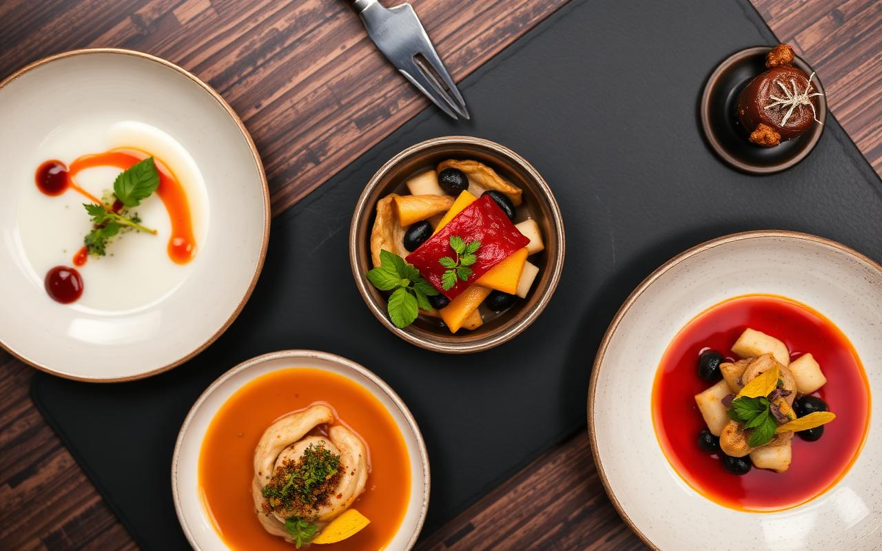 A flight of modern restaurant dishes